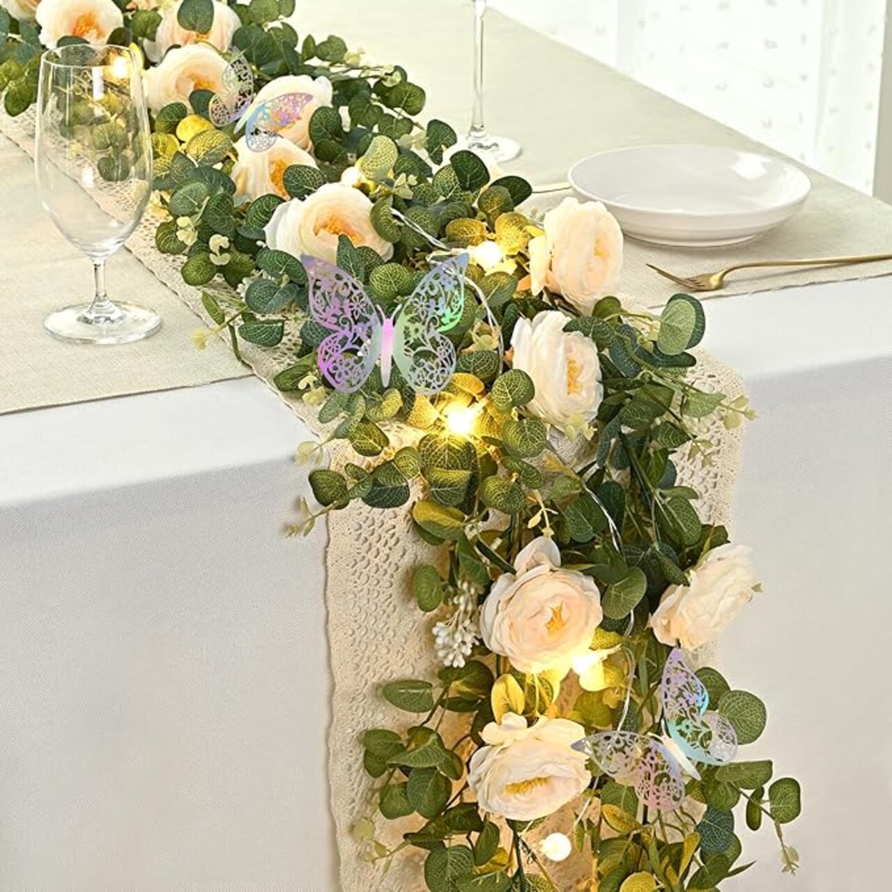 6.4 Ft Fuller Flower Garland with Light Butterfly, Artificial Eucalyptus Garland with Champagne Flowers Fake Rose Camellia Vine for Table Centerpiece Wedding Arch Room Decor